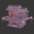 Traditional Carved Wooden Sedan Chair With Red Curtains And Decorative Wheels