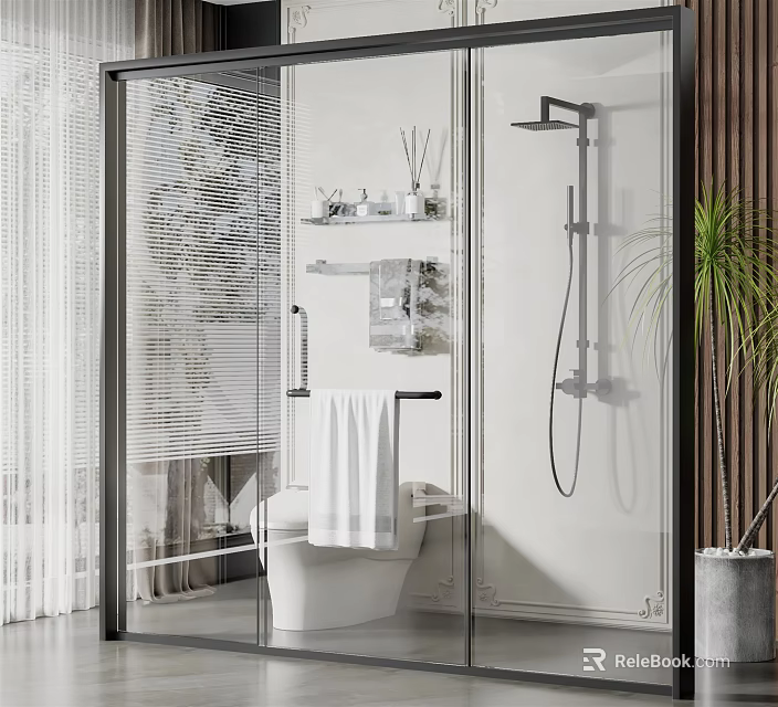 Shower Sauna Space With Transparent Glass Enclosure White Towel Shelf Toiletries And Green Plant 3d model 