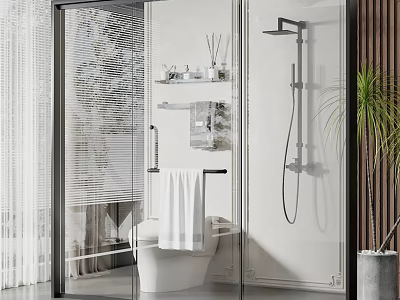 Shower Sauna Space With Transparent Glass Enclosure White Towel Shelf Toiletries And Green Plant 3d model