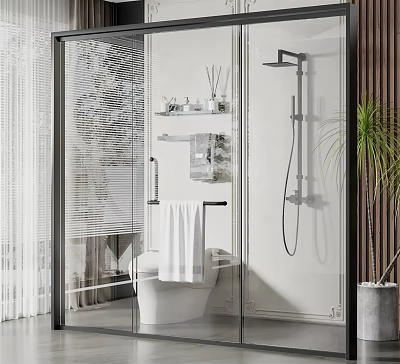 Shower Sauna Space With Transparent Glass Enclosure White Towel Shelf Toiletries And Green Plant 3d model