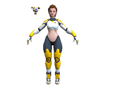 Woman In White Yellow And Black Futuristic Mechanical Armor With Small Robot Companion 3d model