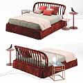Modern Double Bed with Burgundy Velvet Frame Gray Pink Bedding and Side Tables 3d model