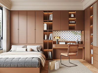 Warm Modern Tatami Bedroom Interior With Tatami Bed Storage Cabinets And Desk Chair 3d model