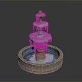 Three Tiered Decorative Fountain With Snow Covered Icicles Round Base And Blue Green Water