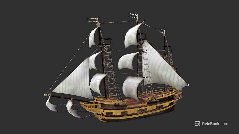 Historical Sailing Ship Featuring Three Masts White Sails And Wooden Hull Design 3d model 