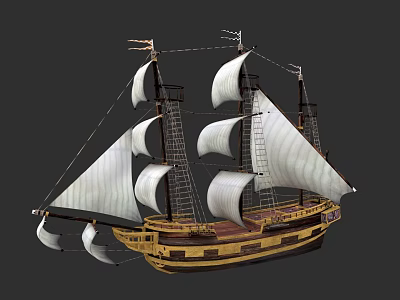 Historical Sailing Ship Featuring Three Masts White Sails And Wooden Hull Design 3d model