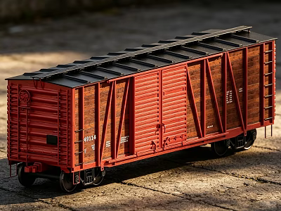 Red Model Train Car With Wooden Metal Structure And Black Roof Wheels 3d model