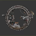 Motorcycle Inside Circular Mechanical Structure With Chain Gears Animal Figure And Red Industrial Metallic Design