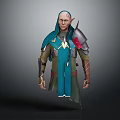 Fantasy Elf Warrior Character With Bald Head Facial Markings Blue Cloak And Silver Armor