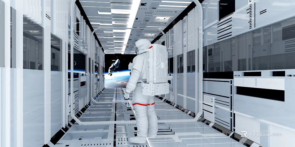 Cartoon Astronaut In White Space Station Corridor With Equipment And Earth View 3d model 
