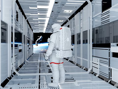 Cartoon Astronaut In White Space Station Corridor With Equipment And Earth View 3d model