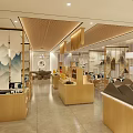 Modern Retail Space Interior With Wooden Display Counters And Product Shelves