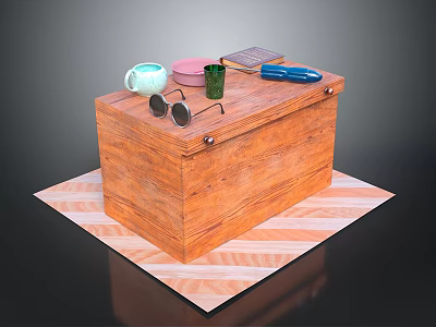 Wooden Chest With White Mug Green Cup Sunglasses Book Blue Brush Pink Lid On Mat 3d model