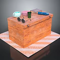 Wooden Chest With White Mug Green Cup Sunglasses Book Blue Brush Pink Lid On Mat