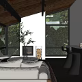 Modern Living Room With Brown Leather Sofa Large Windows Forest View Wooden Ceiling And Fireplace