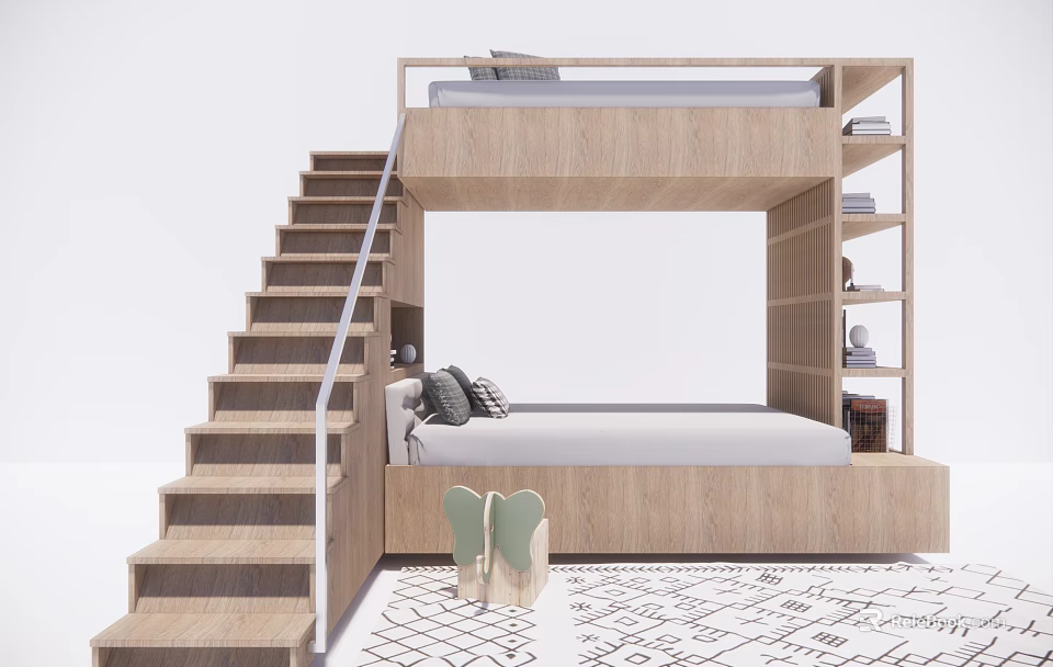 Wooden Bunk Bed with Staircase Railing and Built in Storage Shelves on Geometric Rug 3d model 