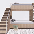 Wooden Bunk Bed with Staircase Railing and Built in Storage Shelves on Geometric Rug