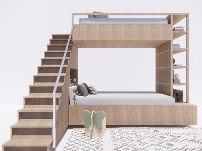 Wooden Bunk Bed with Staircase Railing and Built in Storage Shelves on Geometric Rug 3d model