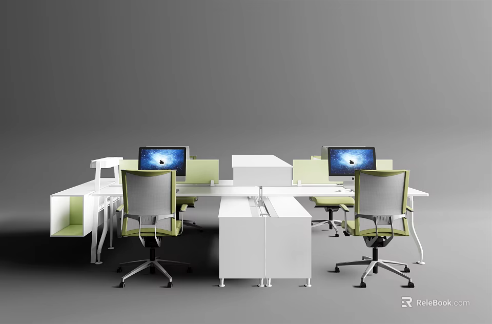 Modern Office Desk Setup With Multiple Workstations Green White Design Computer Monitors And Office Chairs 3d model