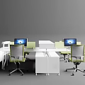 Modern Office Desk Setup With Multiple Workstations Green White Design Computer Monitors And Office Chairs 3d model