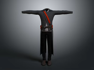Detailed 3D Character Outfit With Gray Long Coat Red Belt Black Pants And Brown Shoes 3d model