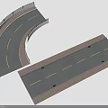 Curved and Straight Road Models with Gray Pavement Yellow Lane Lines and Brick Edges