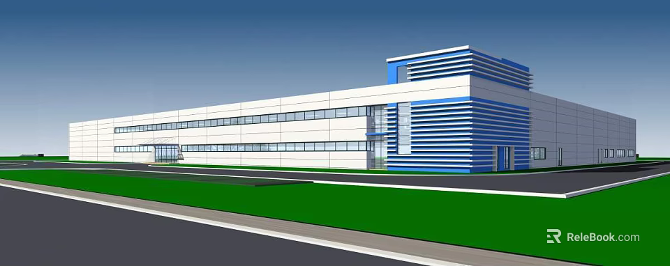 Modern Industrial Factory Building With Blue White Exterior And Large Glass Windows 3d model 