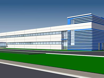Modern Industrial Factory Building With Blue White Exterior And Large Glass Windows 3d model