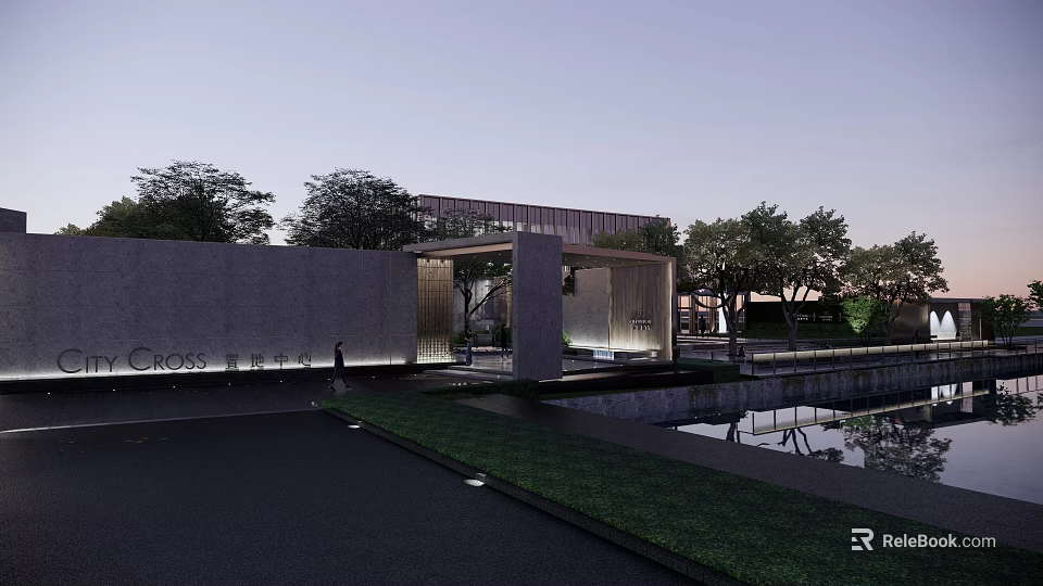 Modern Garden Landscape With Water Pond Lush Greenery And Modern Architecture 3d model 