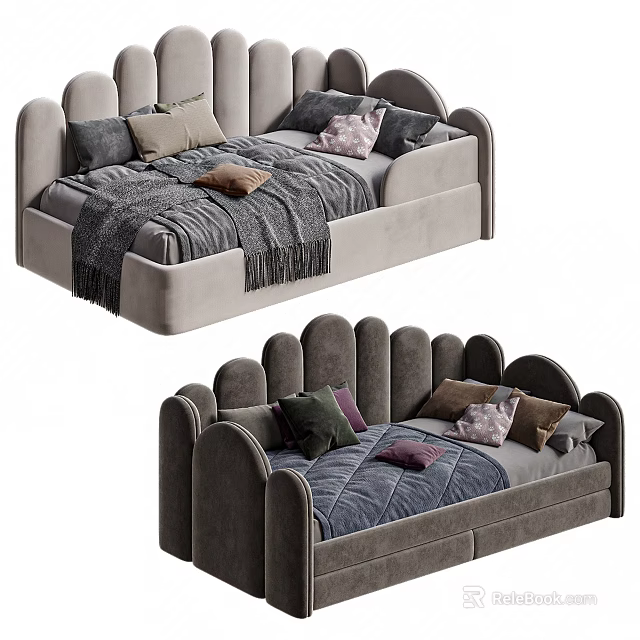 Modern Kids Bed with Curved Headboard Gray Design and Cozy Pillows Blanket 3d model 