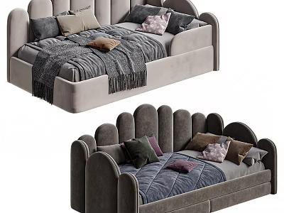Modern Kids Bed with Curved Headboard Gray Design and Cozy Pillows Blanket 3d model
