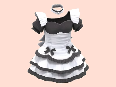 Black And White Maid Dress With Ruffled Layers Bow Details Short Sleeves And Collar 3d model