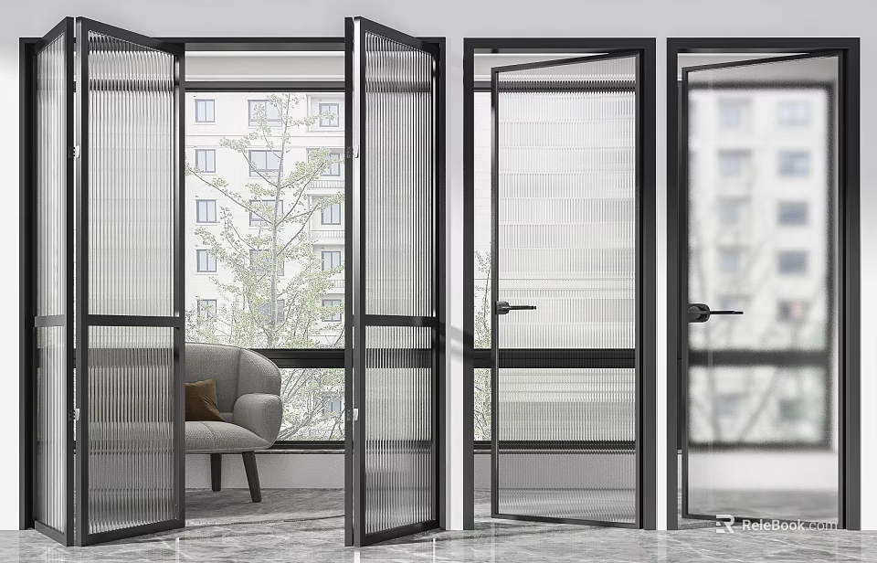 Modern Glass Panel Folding Doors With Black Frame In Living Room Interior 3d model 