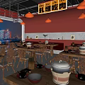 Modern Hot Pot Restaurant Interior With Red Walls Large Windows And City Night View