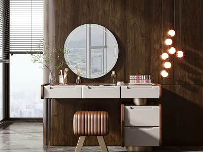Modern Dressing Table With Round Mirror Leather Stool And Hanging Lights 3d model