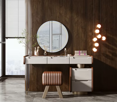 Modern Dressing Table With Round Mirror Leather Stool And Hanging Lights 3d model