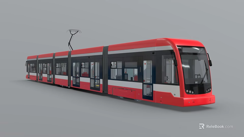 Red Modern Tram Train With Multiple Carriages Large Windows And Pantograph For Urban Transport 3d model 