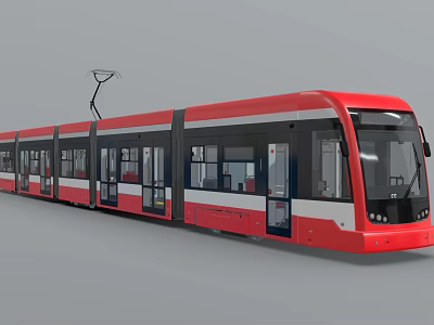 Red Modern Tram Train With Multiple Carriages Large Windows And Pantograph For Urban Transport 3d model