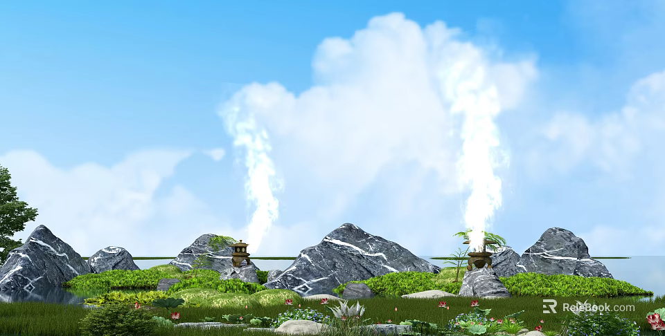 Garden Decor Featuring Rocky Mountains Green Grass Water Fountains Under Blue Sky With White Clouds 3d model 