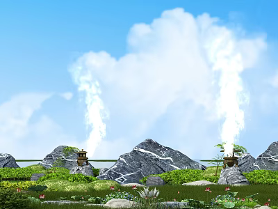 Garden Decor Featuring Rocky Mountains Green Grass Water Fountains Under Blue Sky With White Clouds 3d model