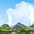 Garden Decor Featuring Rocky Mountains Green Grass Water Fountains Under Blue Sky With White Clouds