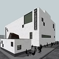 Modern Museum Building Featuring White Facade Geometric Windows Triangular Entrance People And Cars