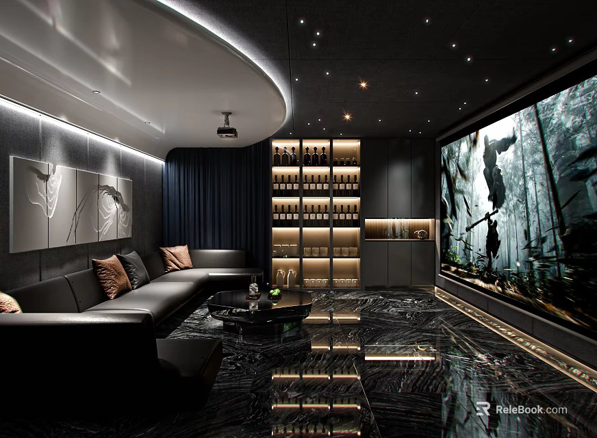 Modern Home Theater With Black Leather Sofa Large Screen TV Wine Rack And Marble Floor 3d model 