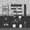 Bathroom Interior Featuring Floral Bird Wallpaper Dark Tiled Walls Black Shelves With Toiletries And Towels