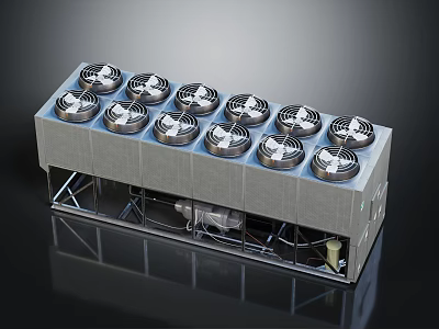 Gray Industrial Equipment Unit With Twelve Circular Fans On Metal Support Frame 3d model