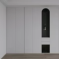 Modern White Built in Bookcase with Arched Design and Pendant Light in Minimalist Room