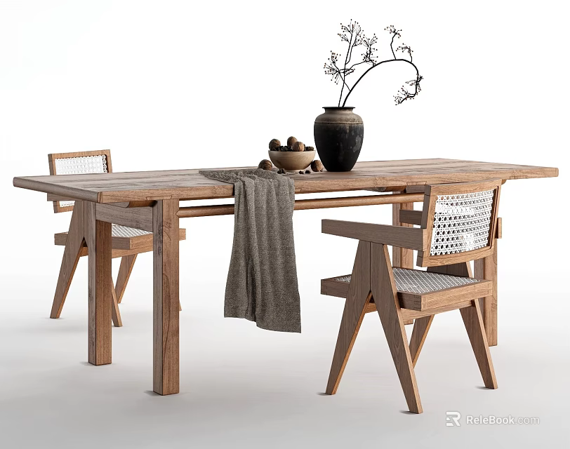 Wooden Dining Table With Woven Chairs Gray Cloth And Branches In Vase 3d model 