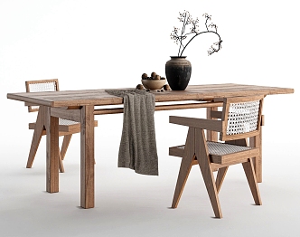 Quiet Dining Table and Chair Combination Log Dining Table Long Dining Table Dining Chair Ornaments 3d model