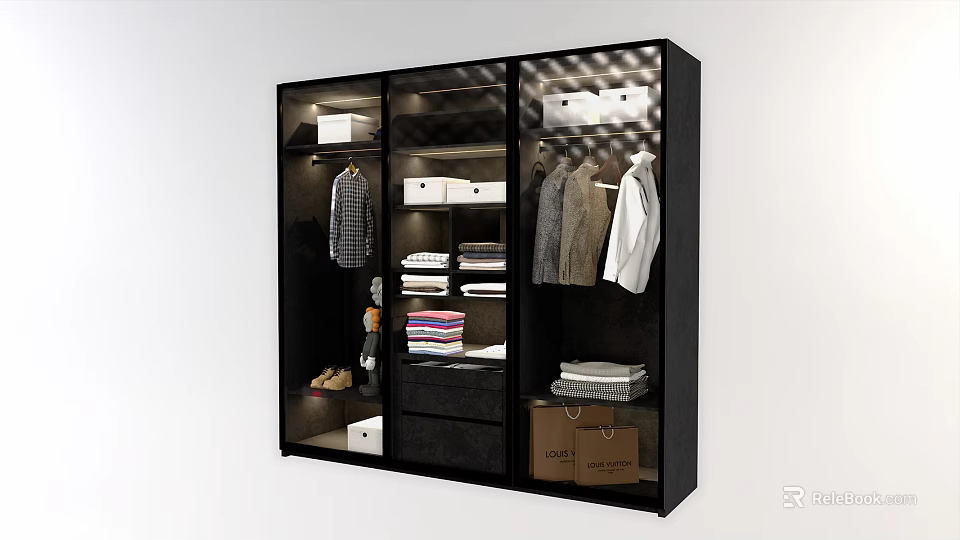 Modern Black Wardrobe Interior With Hanging Folded Clothes Storage Boxes And Shoes 3d model