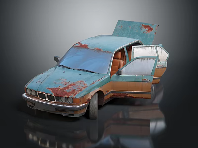 Old Rusty Car With Open Doors Showing Brown Interior And Weathered Blue Green Body 3d model